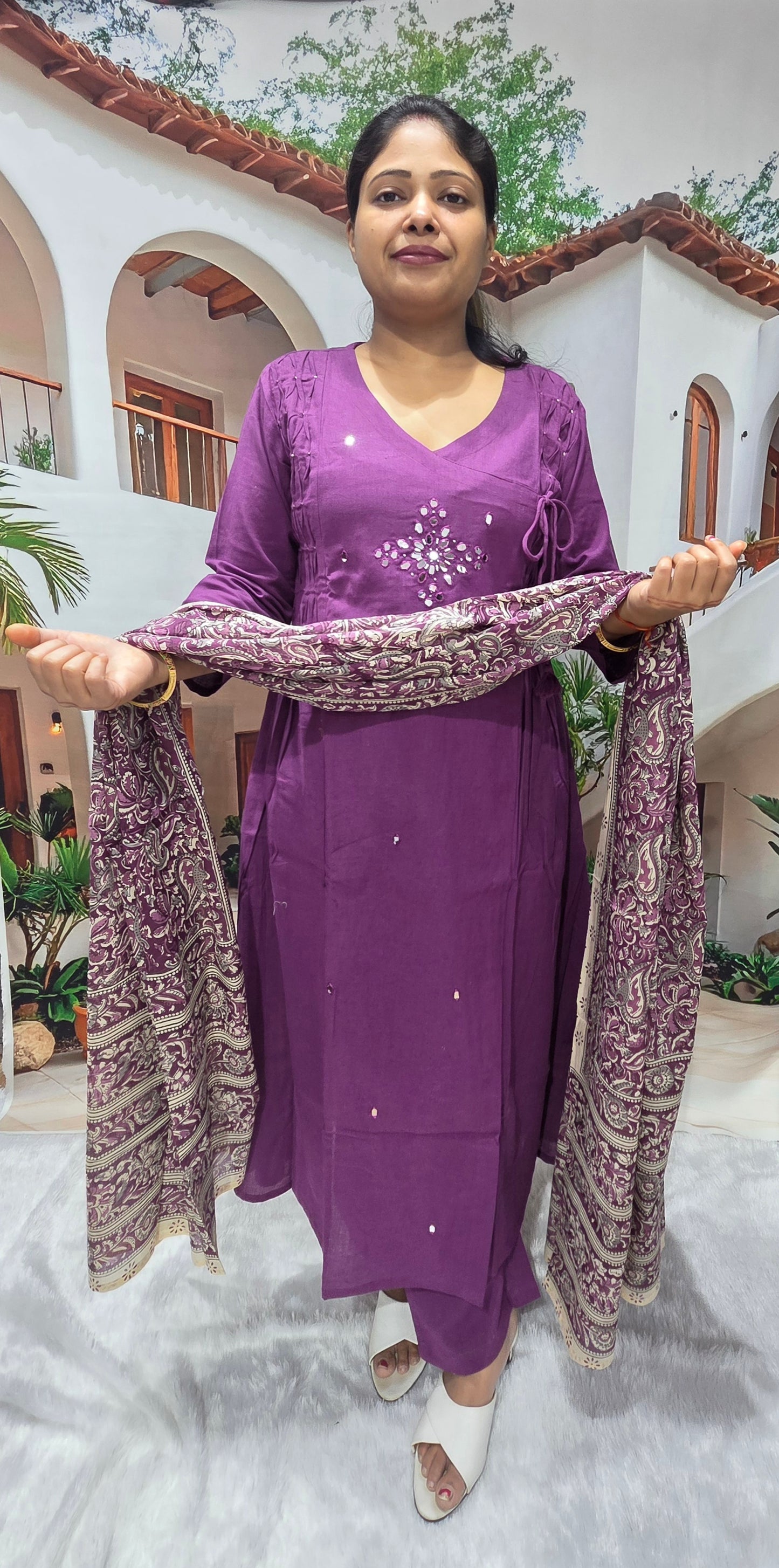 Purple Cotton 3 Piece Kurti Pant Dupatta Set for Women | Elegant Casual & Festive Wear