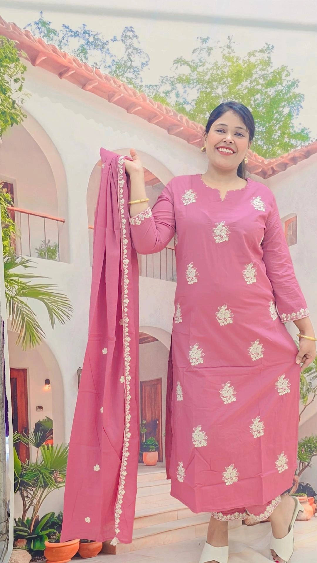 Charming Pink Embroidered Kurti Set