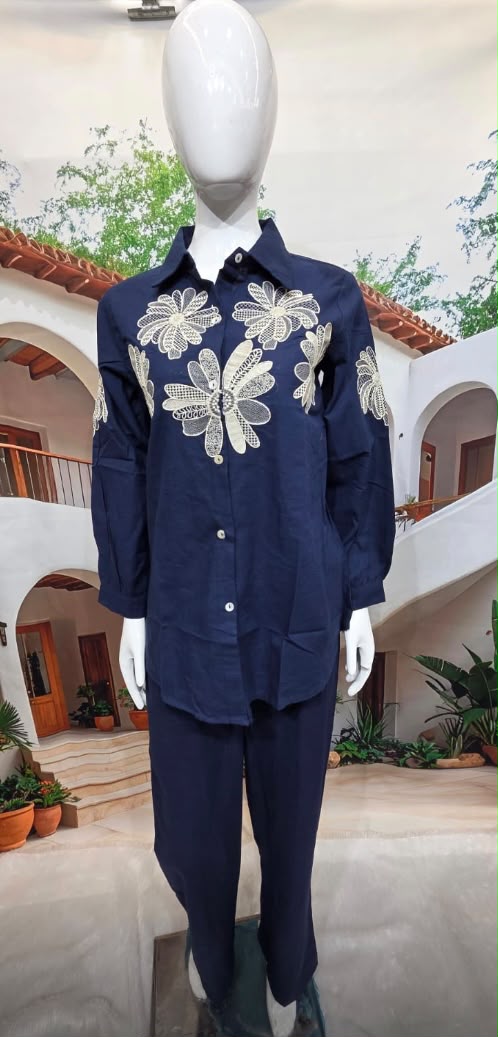 Navy Blue Floral Embroidered Co-Ord Set for Women