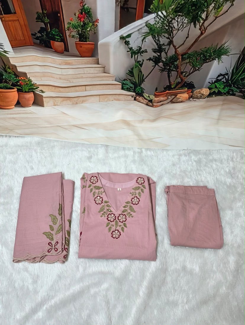Women’s Pink Floral Embroidered Kurti Pant & Dupatta Set