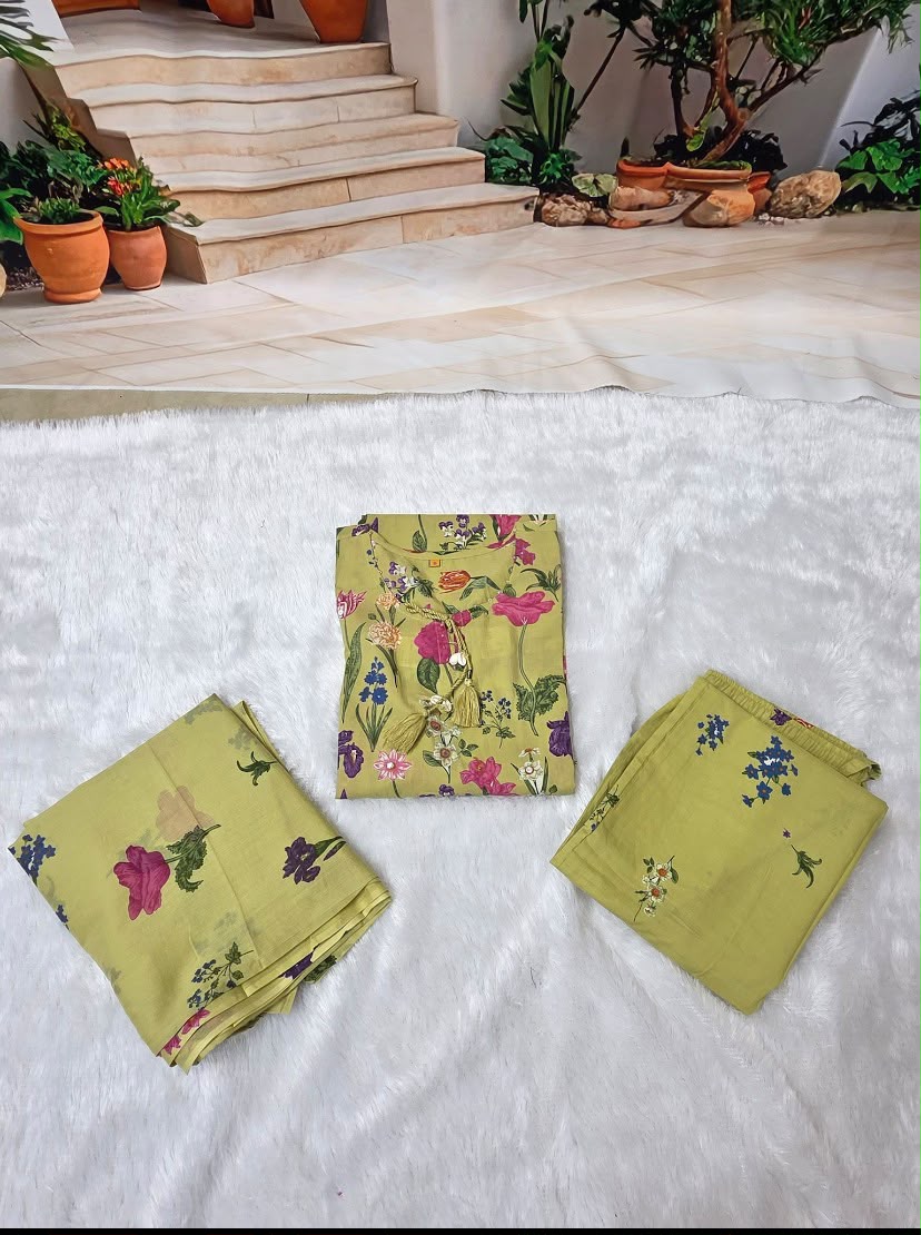 Women’s Floral Printed Kurti Pant & Dupatta Set – Olive Green