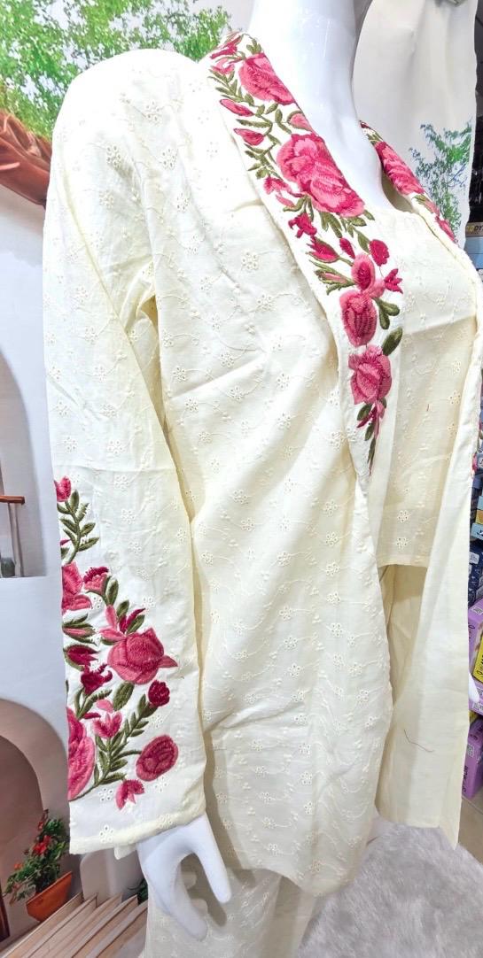 Women’s Cream Embroidered Cotton Cord Set with Dupatta