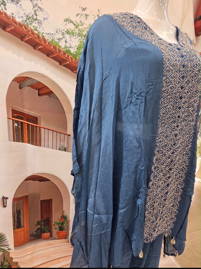 Elegant Blue Embroidered Kaftan Co-Ord Set