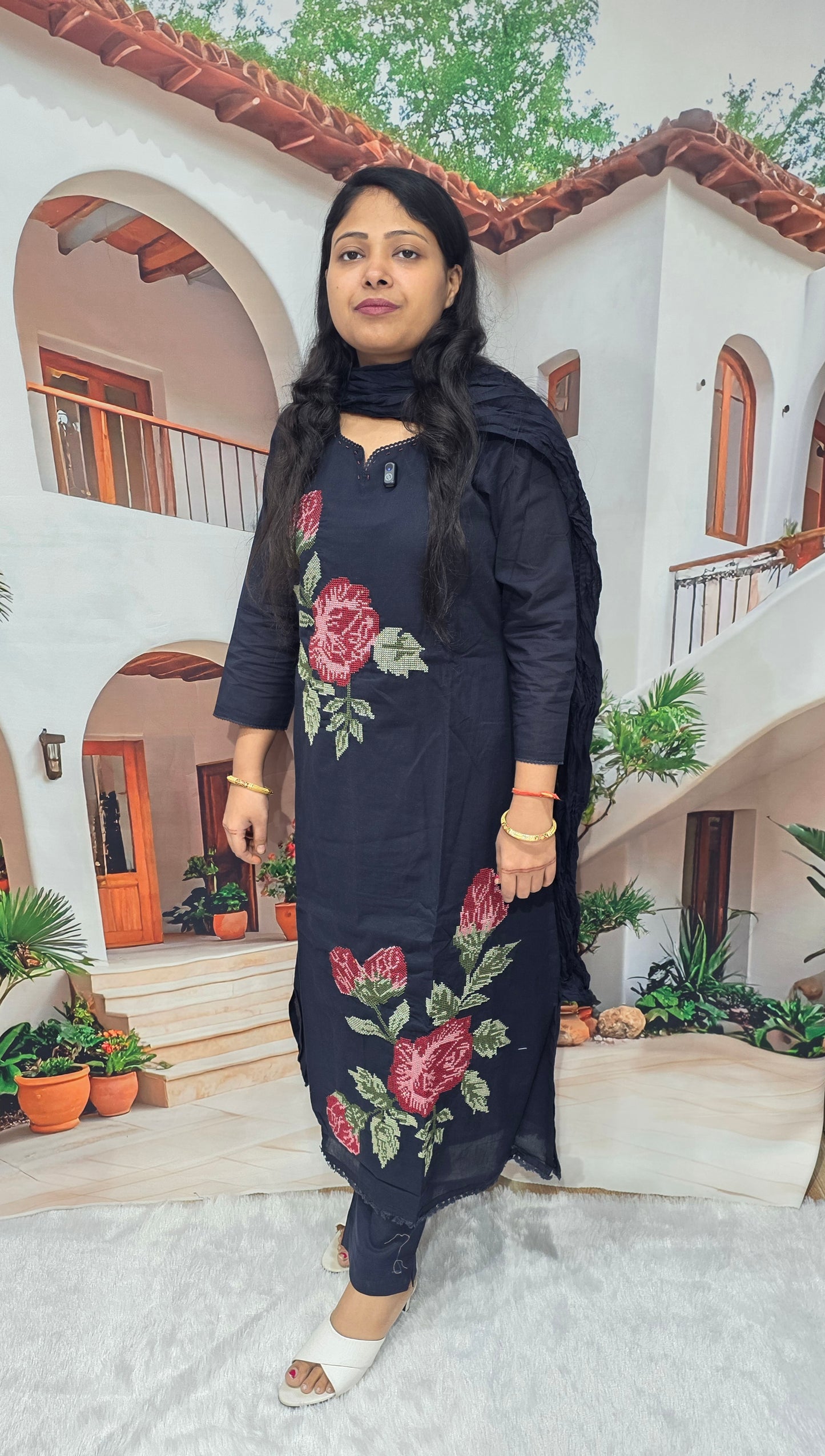 Black Floral Embroidered Cotton Kurti Pant Dupatta Set for Women | Elegant 3 Piece Suit