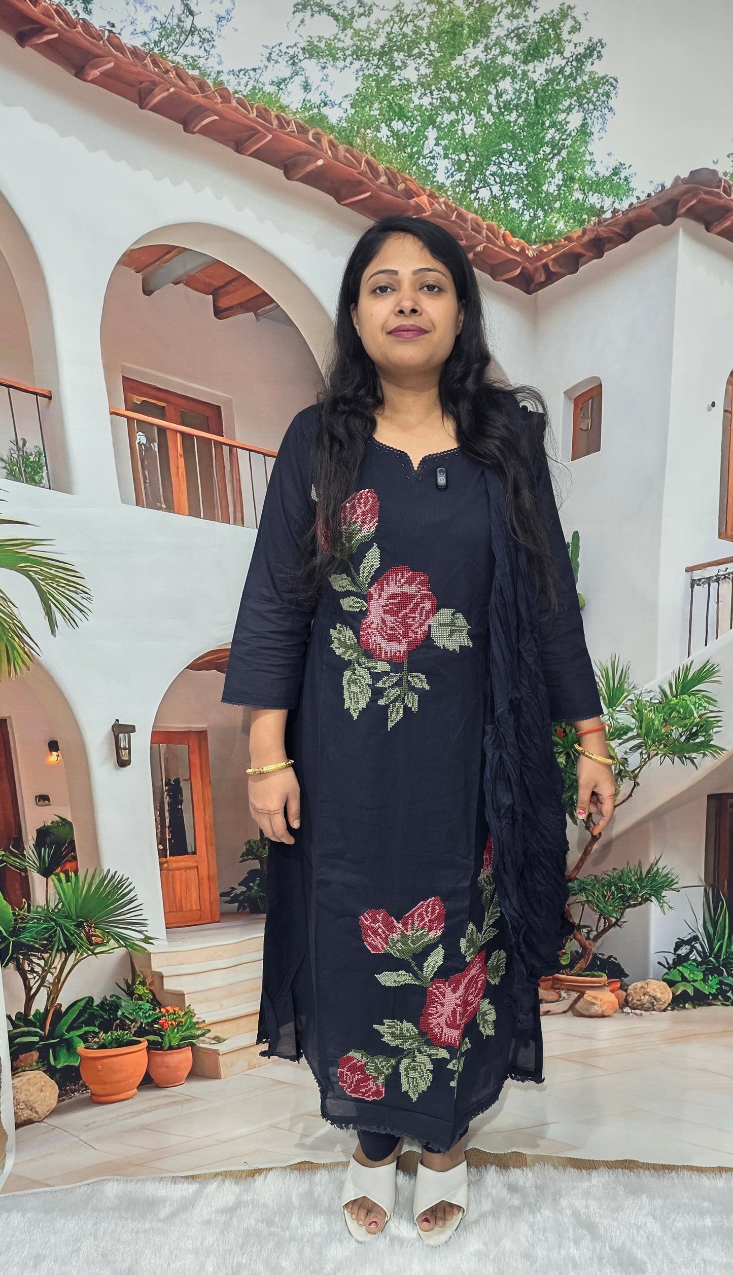 Black Floral Embroidered Cotton Kurti Pant Dupatta Set for Women | Elegant 3 Piece Suit