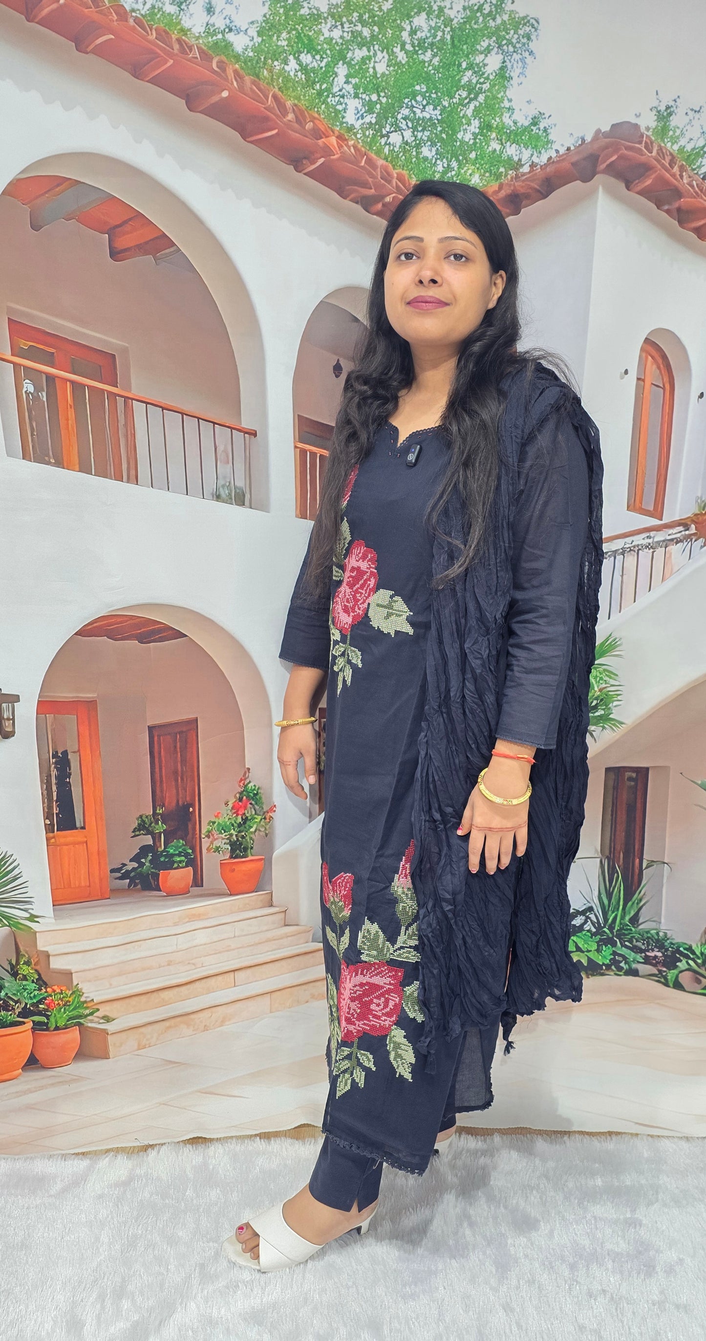 Black Floral Embroidered Cotton Kurti Pant Dupatta Set for Women | Elegant 3 Piece Suit