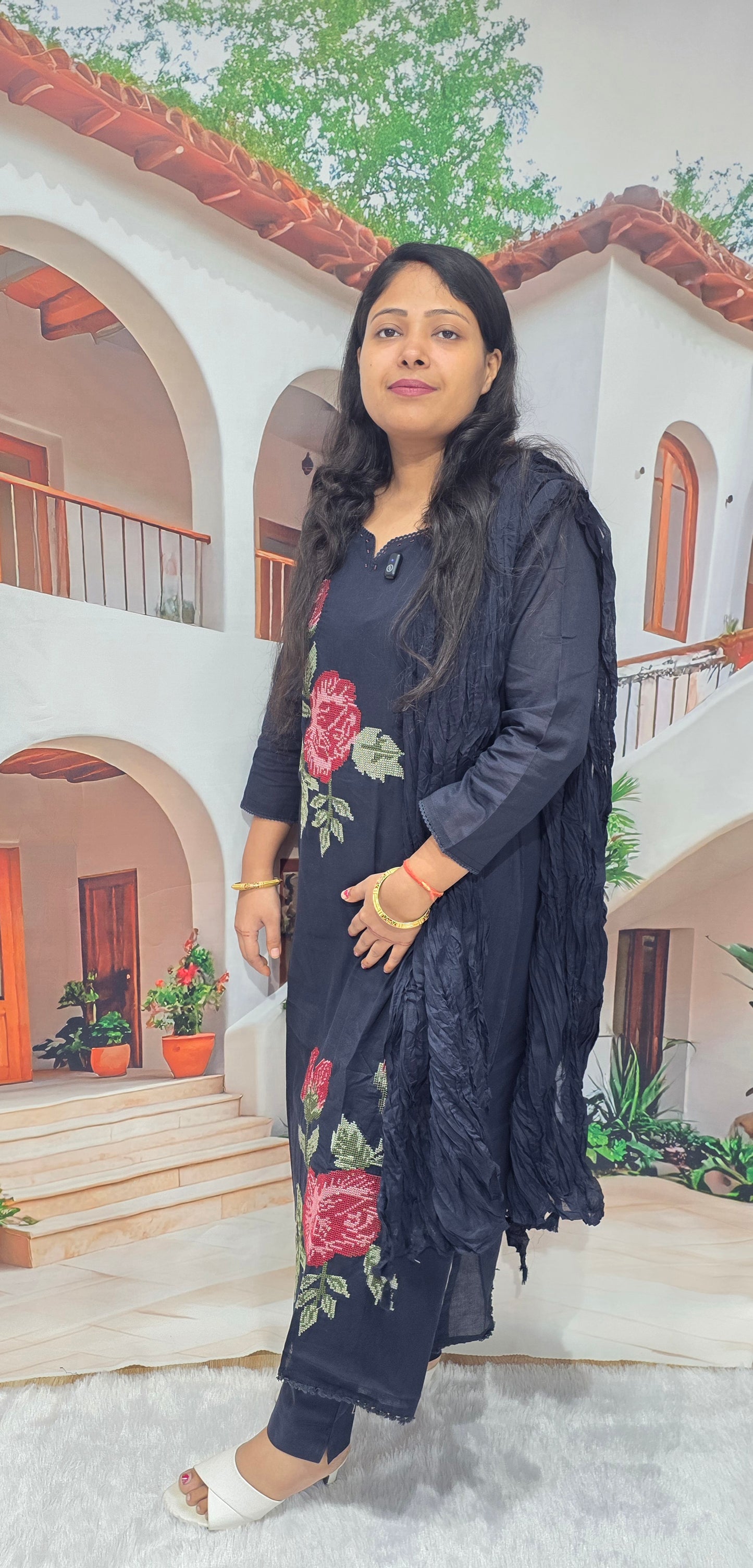 Black Floral Embroidered Cotton Kurti Pant Dupatta Set for Women | Elegant 3 Piece Suit