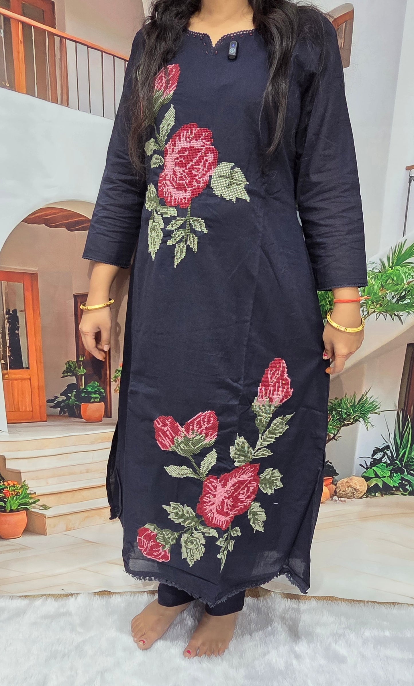 Black Floral Embroidered Cotton Kurti Pant Dupatta Set for Women | Elegant 3 Piece Suit