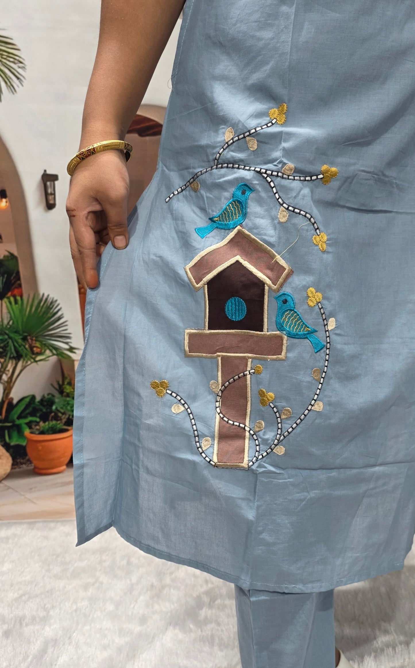 Sky Blue Bird Embroidery Cotton Kurti Pant Set for Women | Elegant Casual Wear