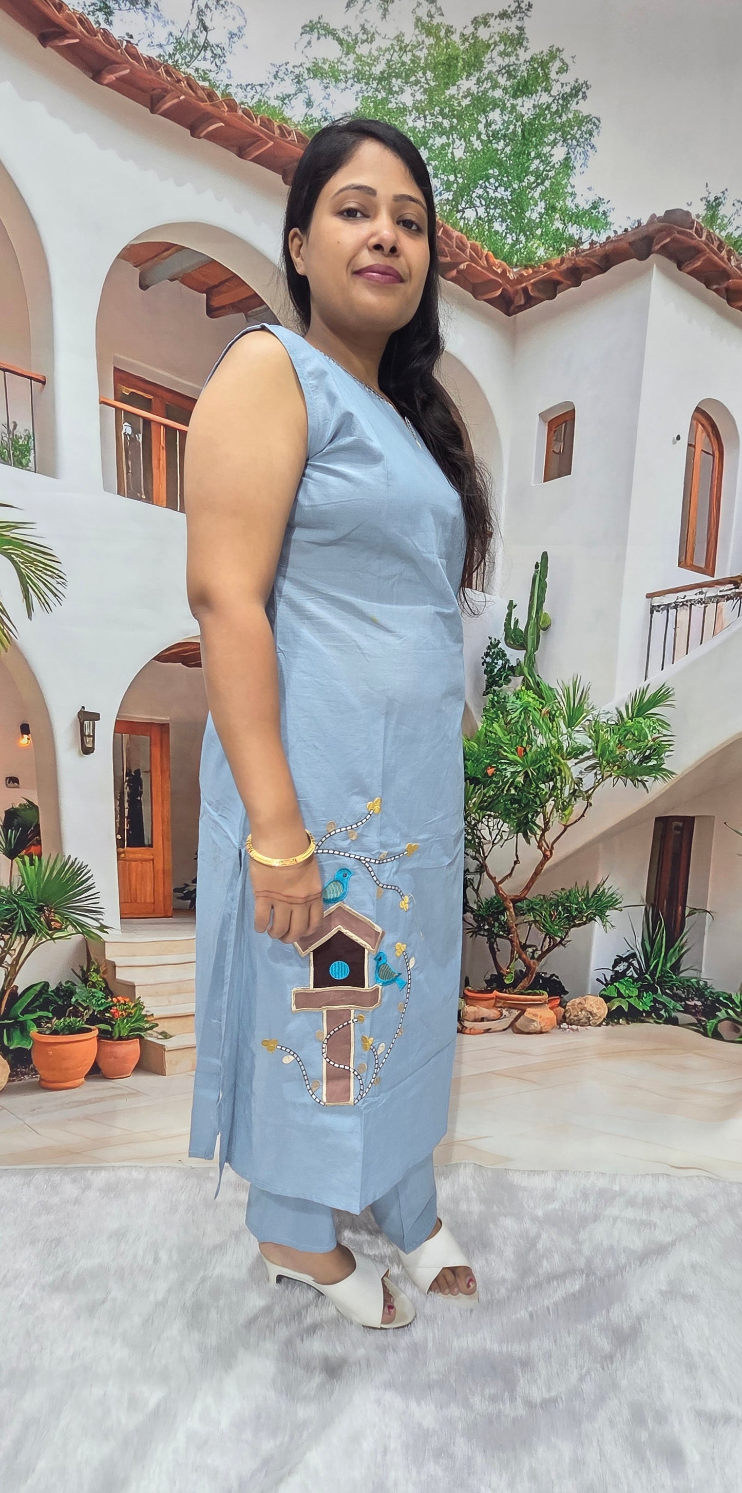Sky Blue Bird Embroidery Cotton Kurti Pant Set for Women | Elegant Casual Wear