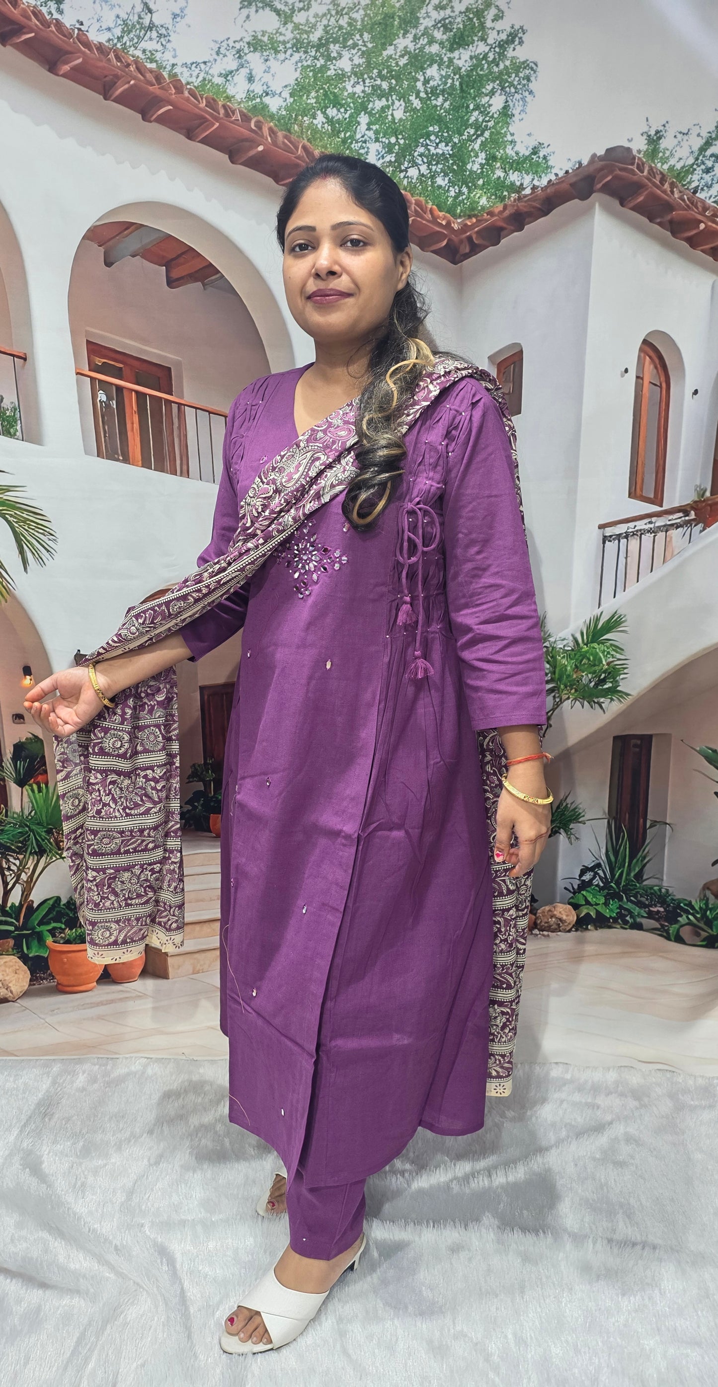 Purple Cotton 3 Piece Kurti Pant Dupatta Set for Women | Elegant Casual & Festive Wear