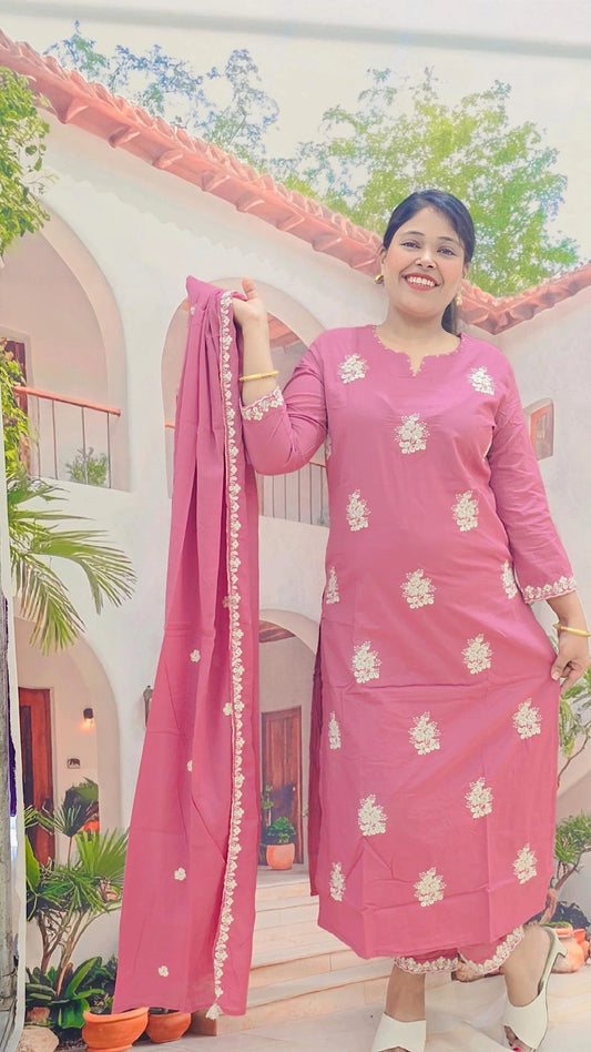 Charming Pink Embroidered Kurti Set