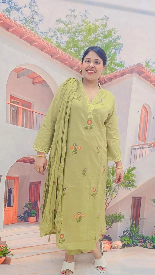 Soft Green Floral Cotton Suit