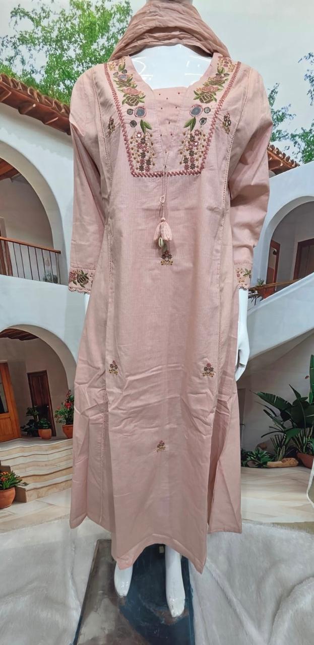 Women’s Embroidered Straight Kurti – Soft Peach