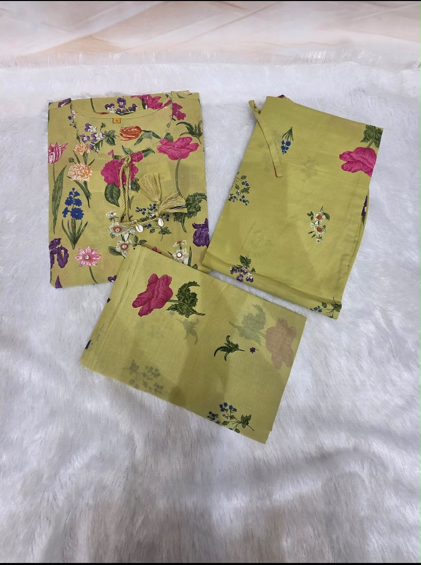 Women’s Floral Printed Kurti Pant & Dupatta Set – Olive Green