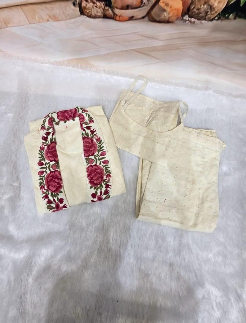Women’s Cream Embroidered Cotton Cord Set with Dupatta