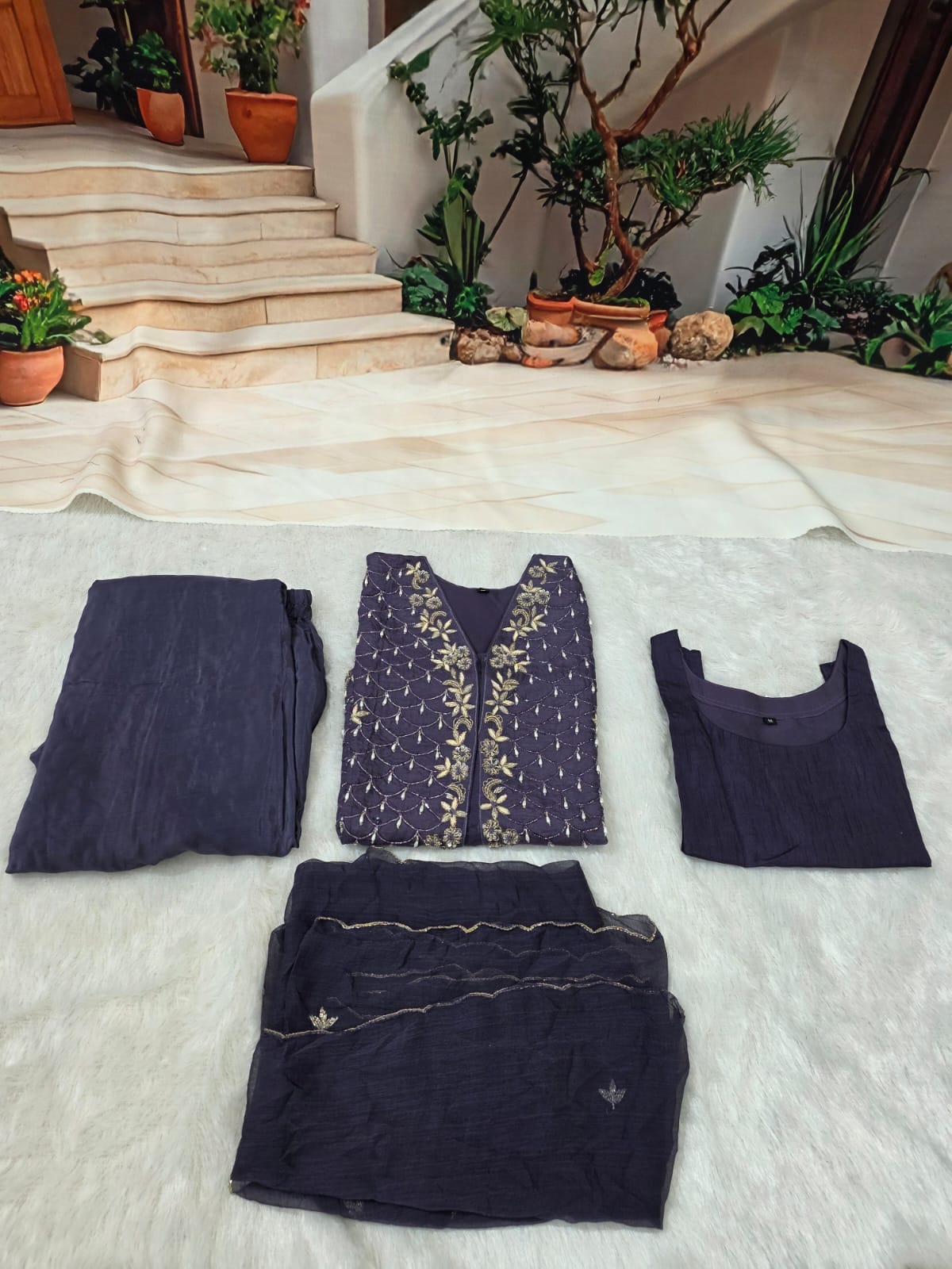 Elegant Purple Crop Top with Crowl  Skirt & Embroidered Jacket Set