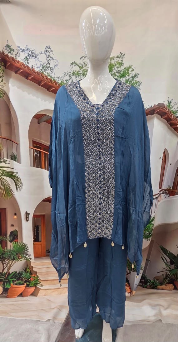 Elegant Blue Embroidered Kaftan Co-Ord Set