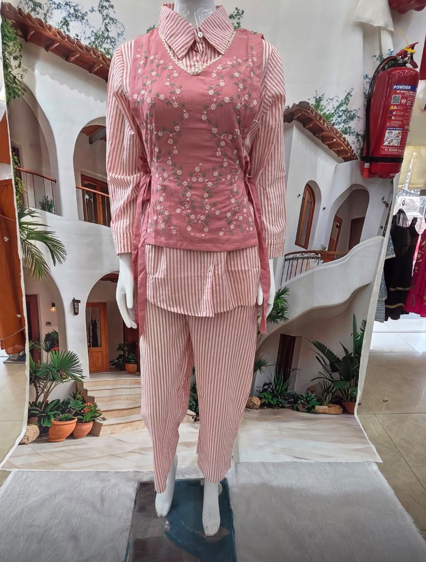 Chic Pink Embroidered Shirt Style Co-Ord Set