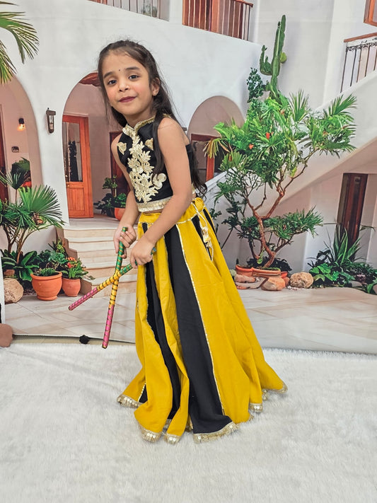 Black & Yellow Cotton Kids Chaniya Choli | Festive Lehenga Choli for Girls (0–14 Years)
