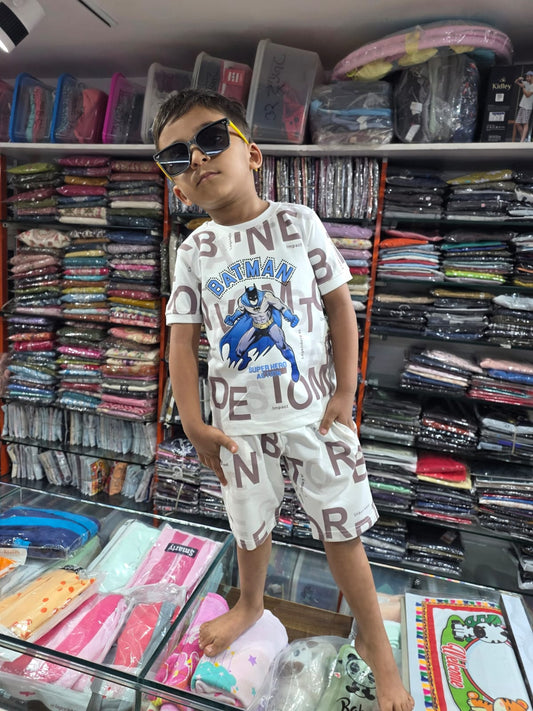 Kids Batman Printed White Co-ord Set | Superhero Summer Wear