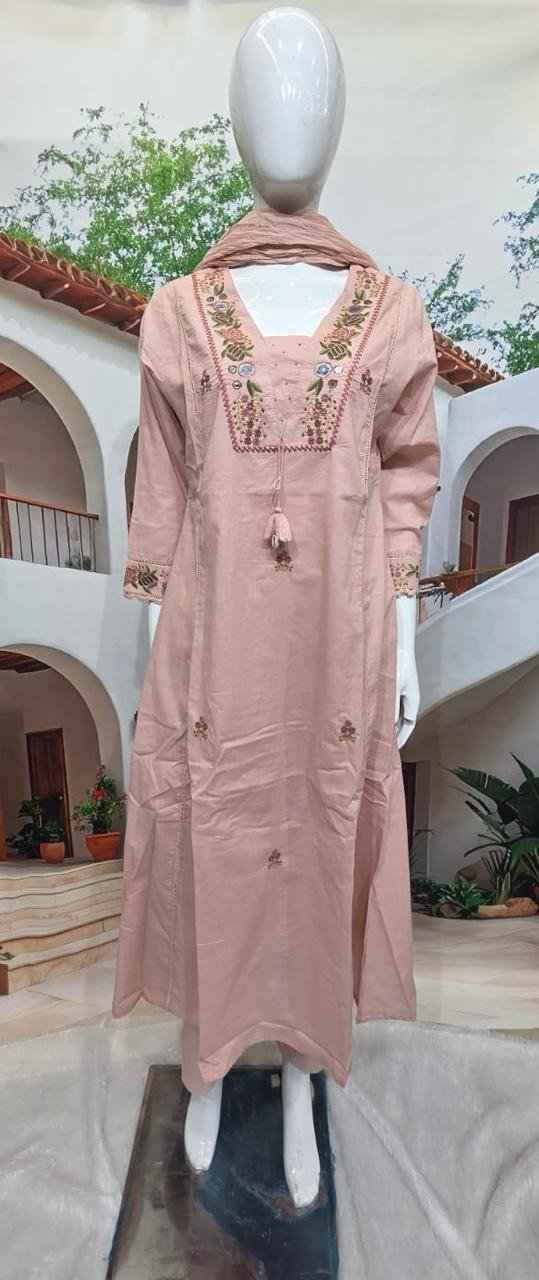 Women’s Embroidered Straight Kurti – Soft Peach