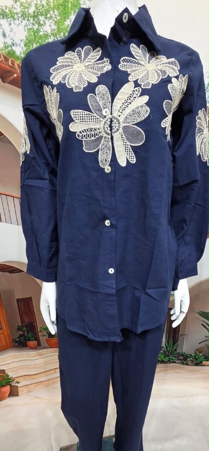 Navy Blue Floral Embroidered Co-Ord Set for Women