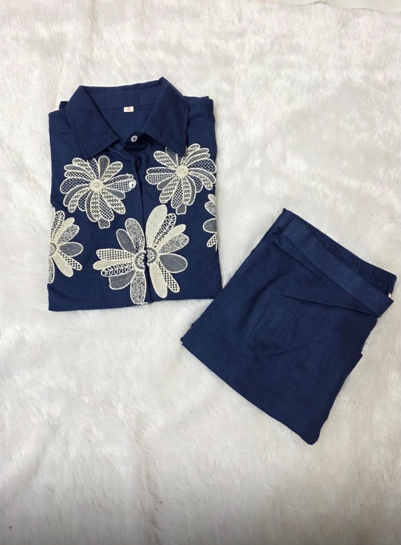 Navy Blue Floral Embroidered Co-Ord Set for Women