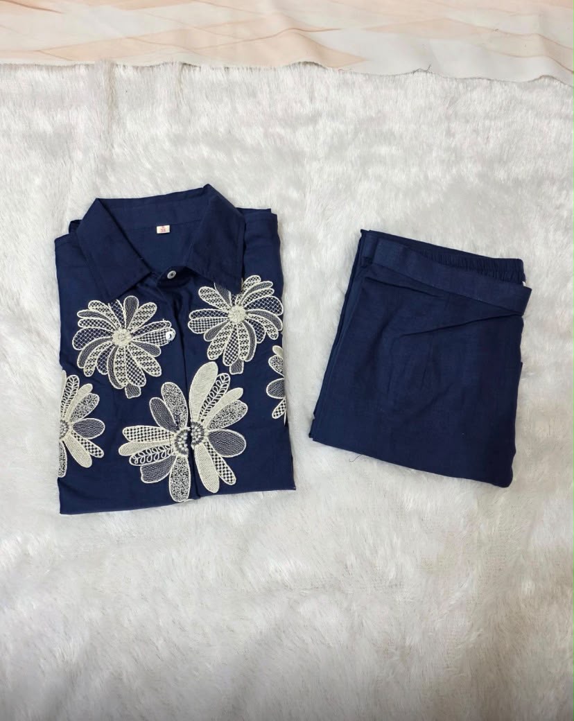 Navy Blue Floral Embroidered Co-Ord Set for Women