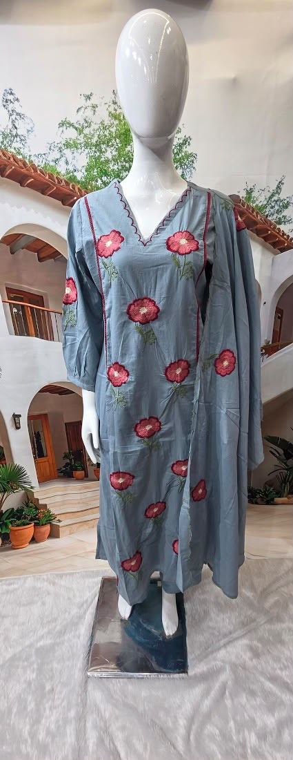 Women’s Elegant Embroidered Kurti Pant & Dupatta Set – Sky Blue