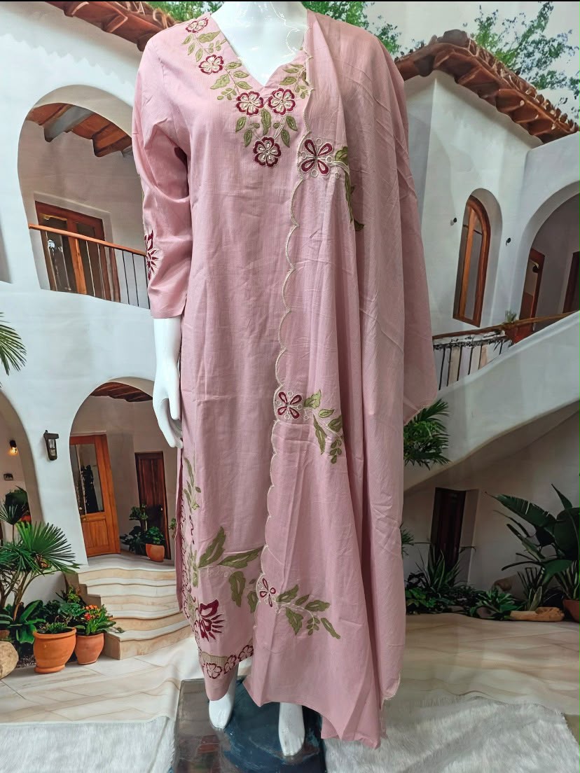 Women’s Pink Floral Embroidered Kurti Pant & Dupatta Set