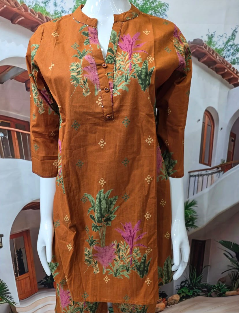 Women’s Brown Floral Printed Kurti Pant Set