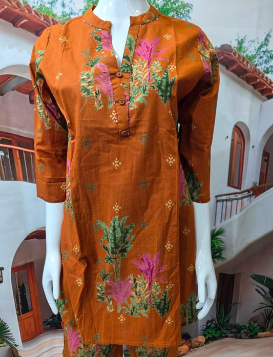 Women’s Brown Floral Printed Kurti Pant Set