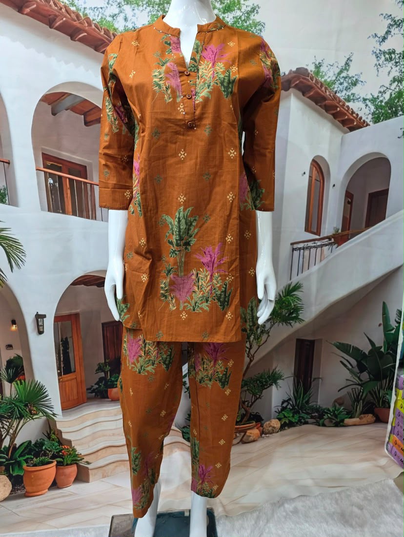 Women’s Brown Floral Printed Kurti Pant Set