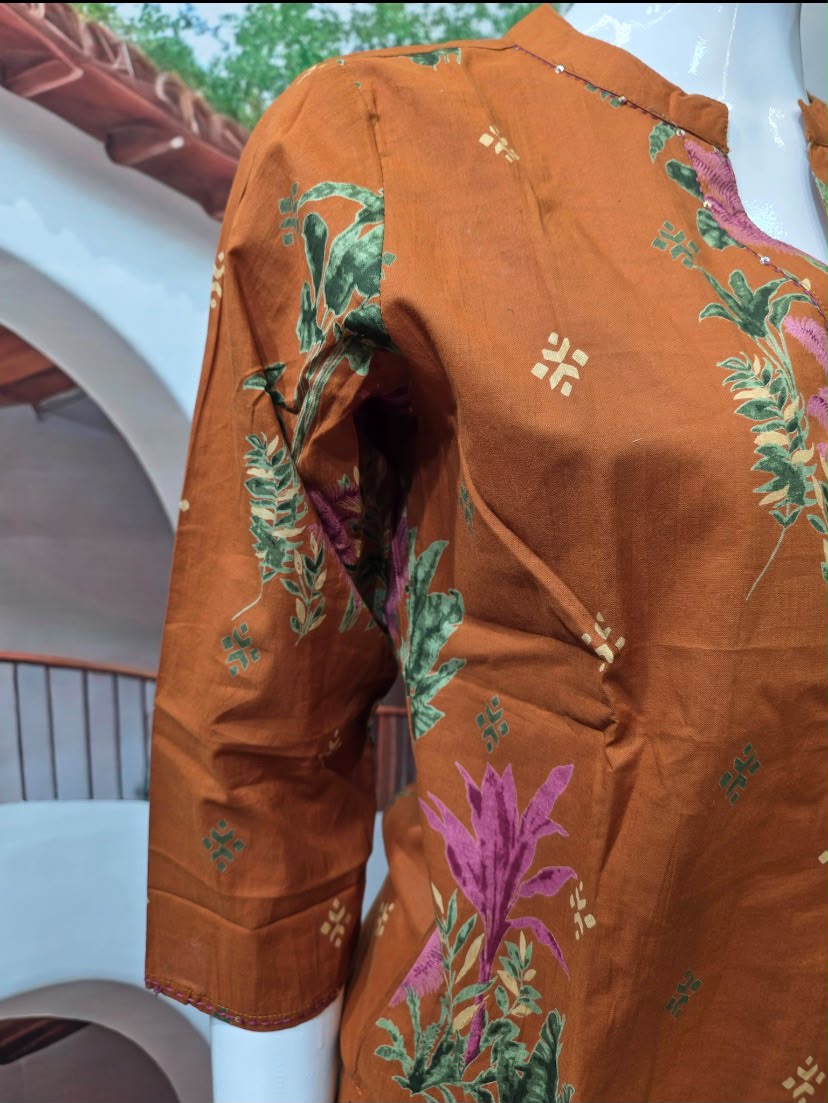 Women’s Brown Floral Printed Kurti Pant Set