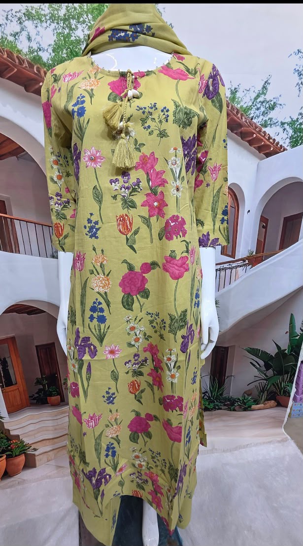 Women’s Floral Printed Kurti Pant & Dupatta Set – Olive Green