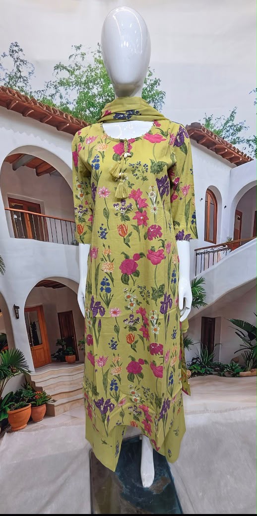 Women’s Floral Printed Kurti Pant & Dupatta Set – Olive Green