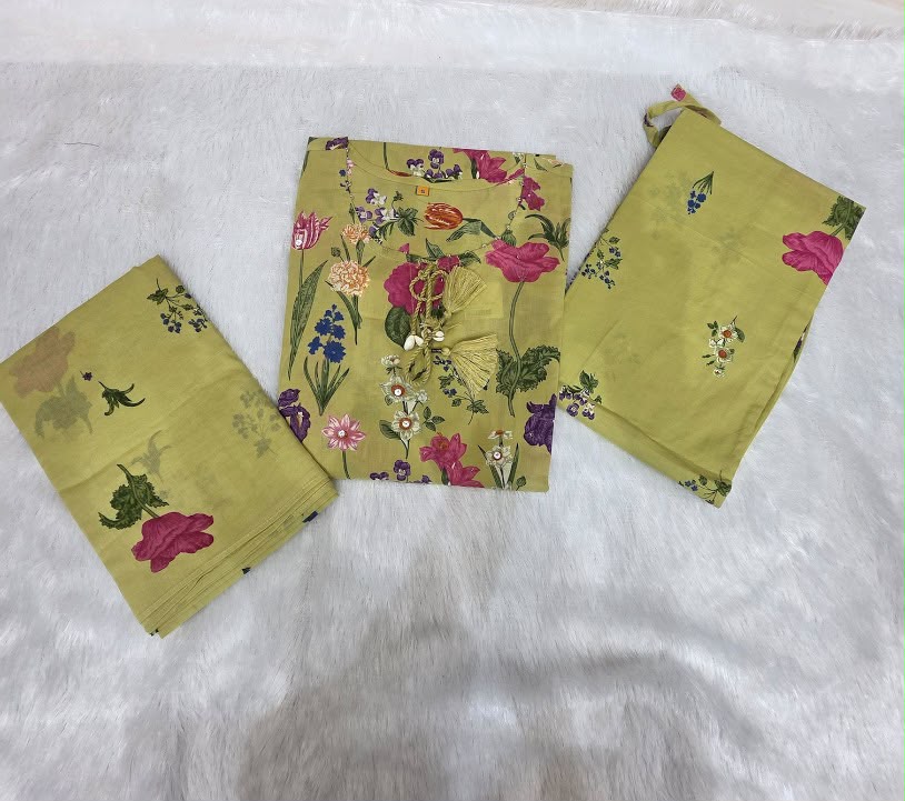 Women’s Floral Printed Kurti Pant & Dupatta Set – Olive Green