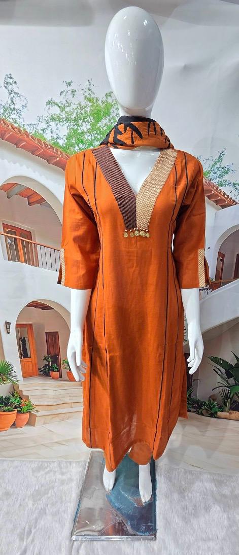 Rust Orange Designer Kurti with Matching Dupatta