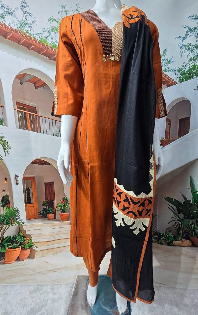 Rust Orange Designer Kurti with Matching Dupatta