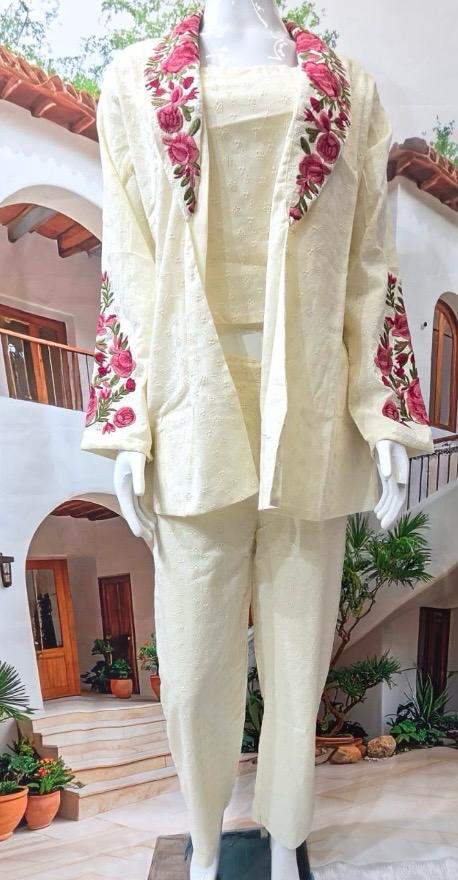 Women’s Cream Embroidered Cotton Cord Set with Dupatta