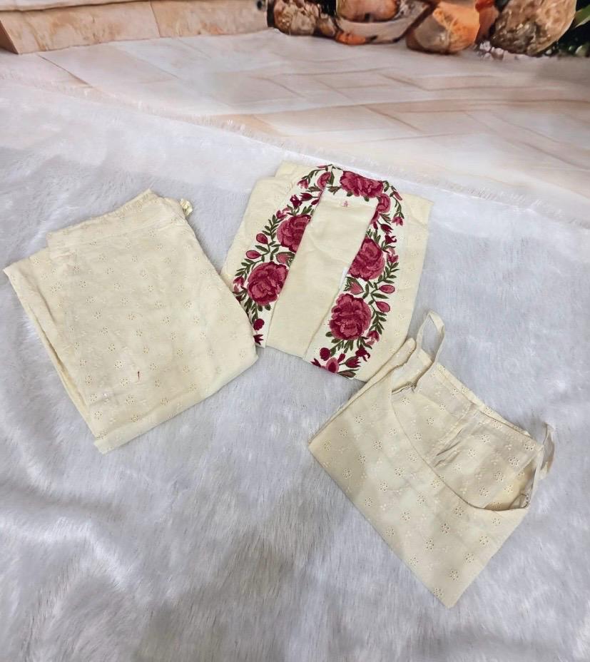 Women’s Cream Embroidered Cotton Cord Set with Dupatta