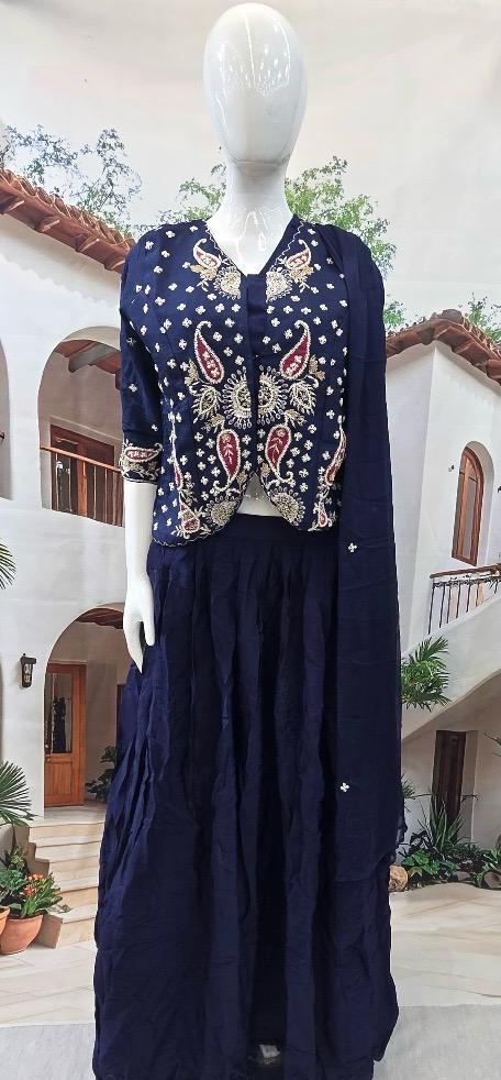 Royal Navy Blue Embroidered Lehenga Choli Set with Dupatta