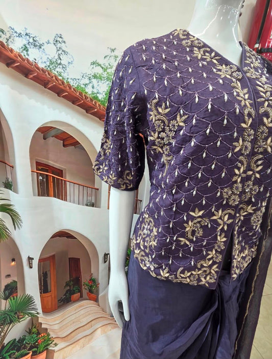 Elegant Purple Crop Top with Crowl  Skirt & Embroidered Jacket Set