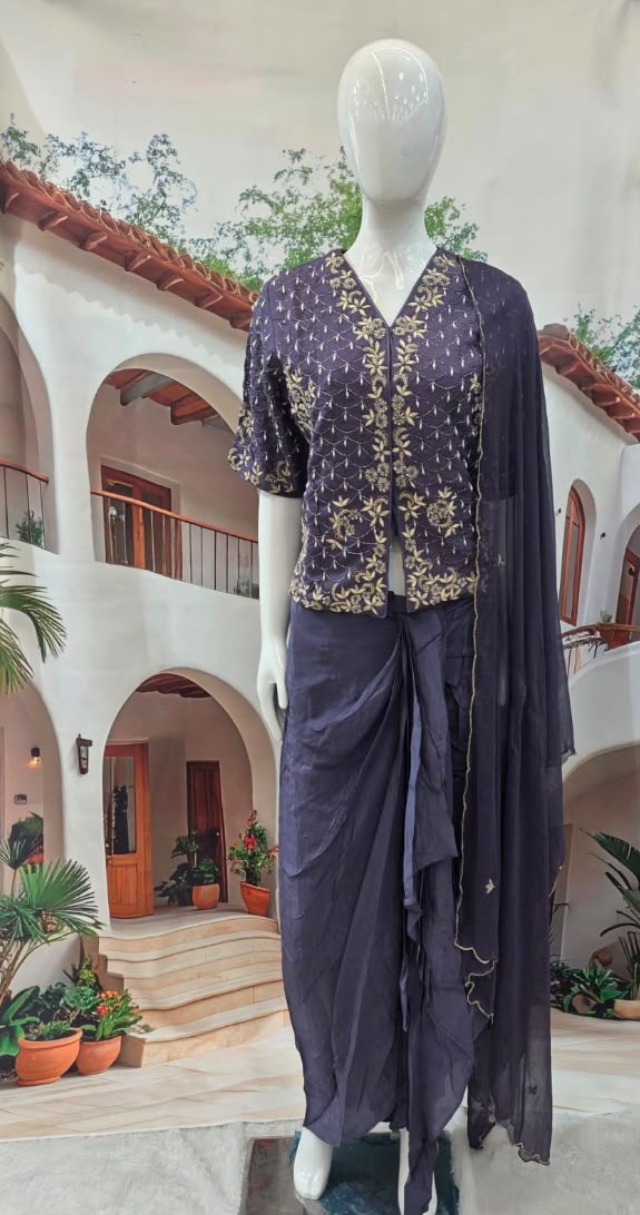 Elegant Purple Crop Top with Crowl  Skirt & Embroidered Jacket Set