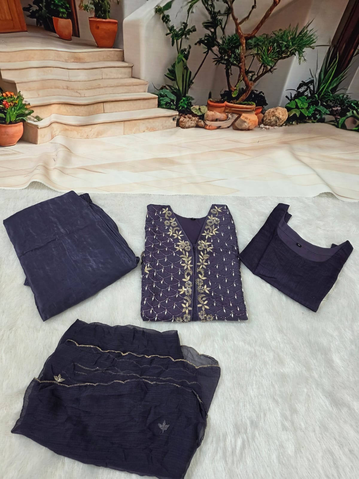 Elegant Purple Crop Top with Crowl  Skirt & Embroidered Jacket Set