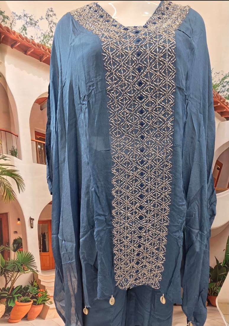 Elegant Blue Embroidered Kaftan Co-Ord Set