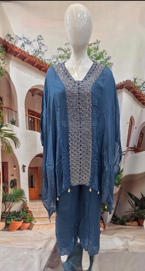 Elegant Blue Embroidered Kaftan Co-Ord Set