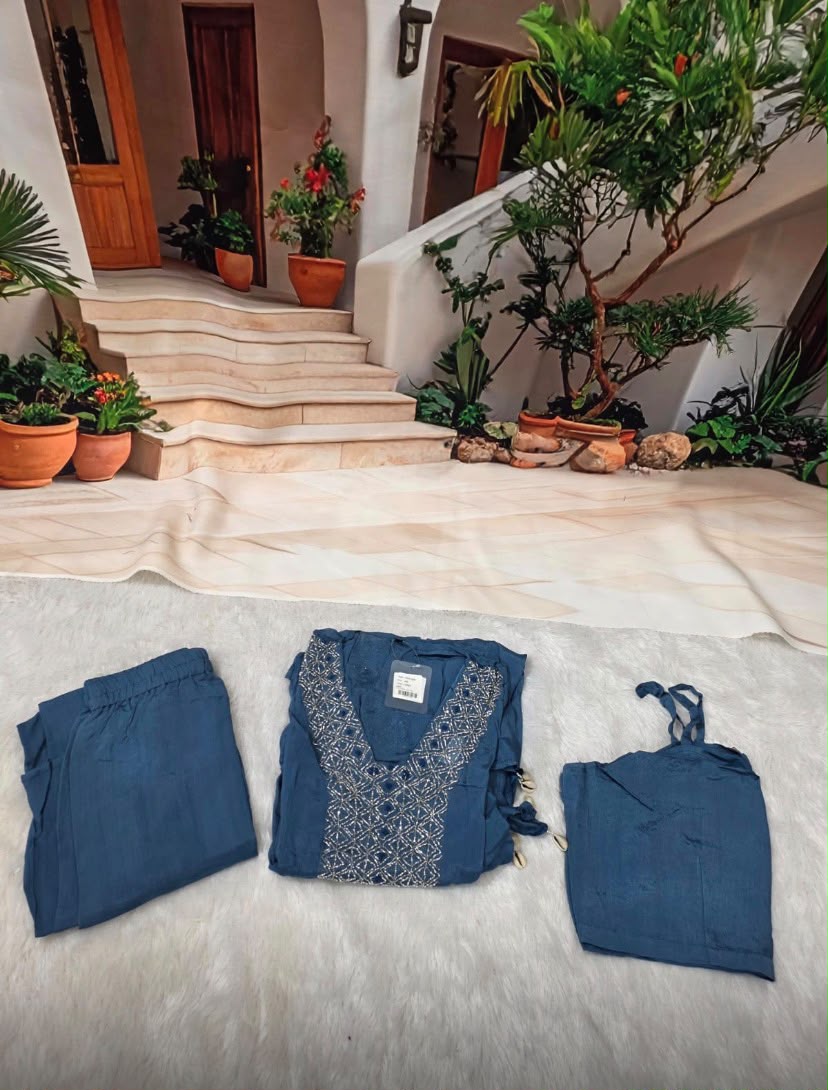 Elegant Blue Embroidered Kaftan Co-Ord Set