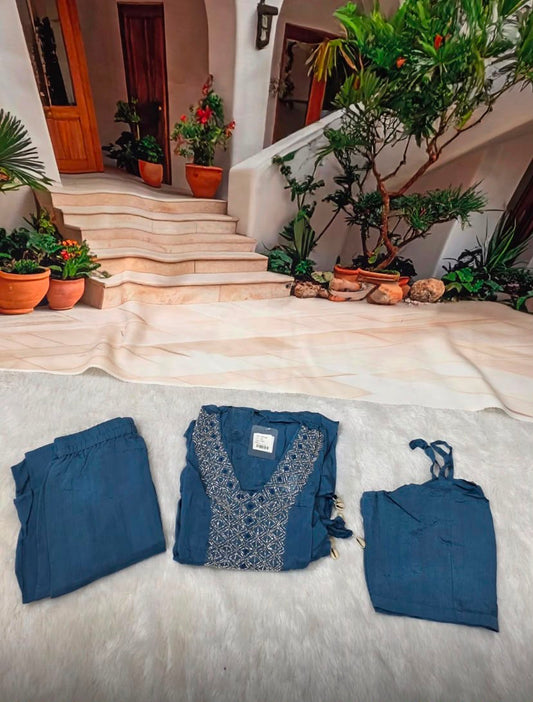 Elegant Blue Embroidered Kaftan Co-Ord Set